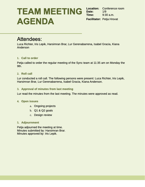 Team meeting agenda